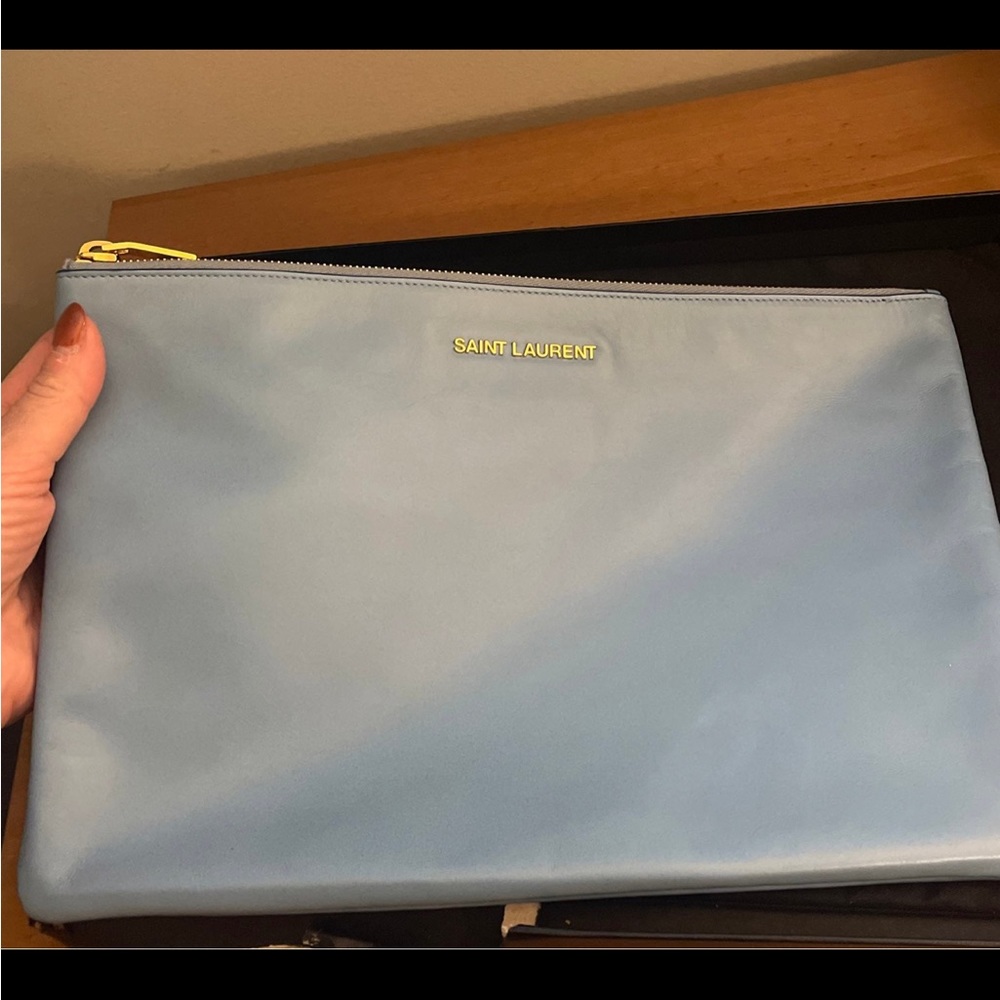 Saint Laurent Medium Blue Glacier and Gold Letters Clutch